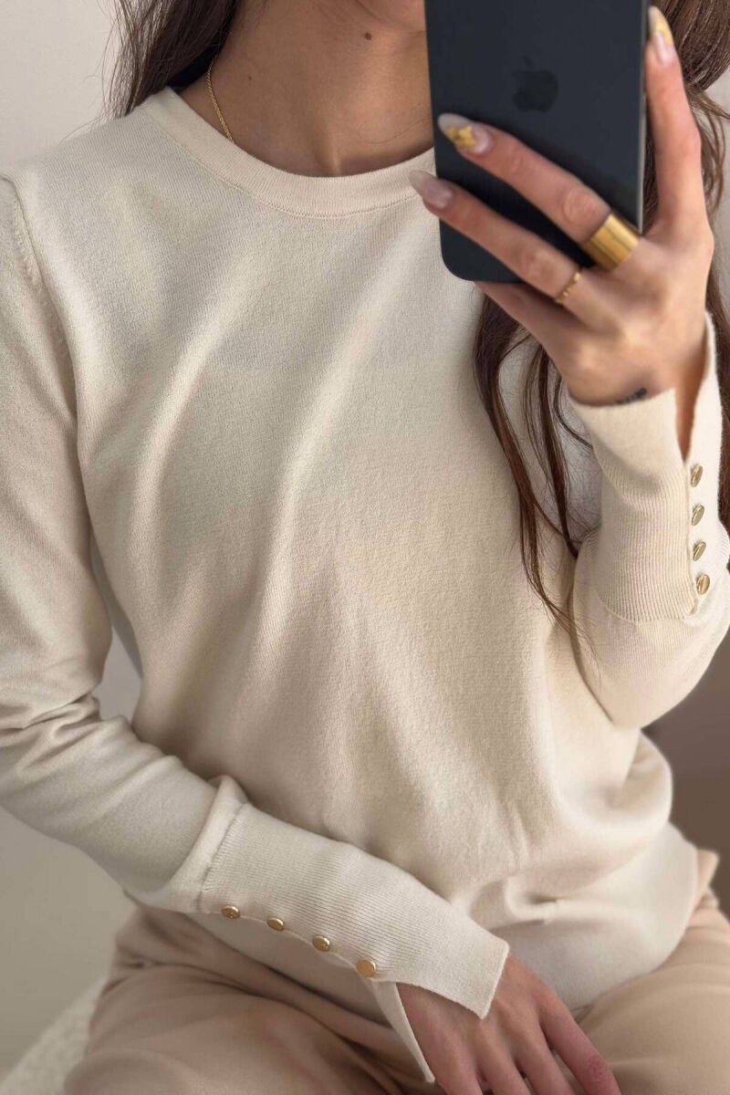 GOLD BUTTONS DETAILS ONE COLOR WOMEN SWEATER CREAM/KREM - 3