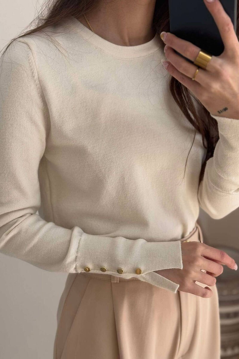 GOLD BUTTONS DETAILS ONE COLOR WOMEN SWEATER CREAM/KREM - 4