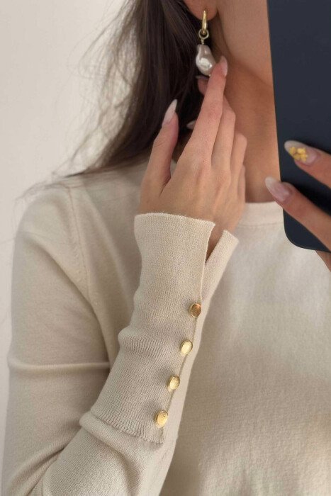 GOLD BUTTONS DETAILS ONE COLOR WOMEN SWEATER CREAM/KREM - 6