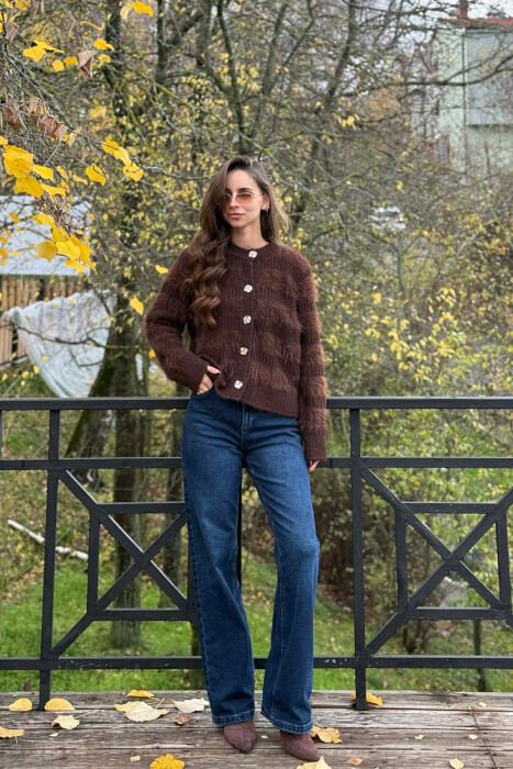 GOLD BUTTONS FUZZY WOMEN CARDIGAN BROWN/KAFE 