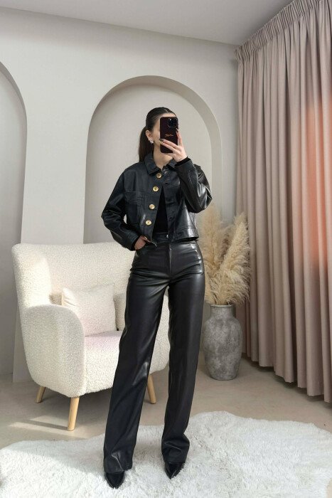GOLD BUTTONS JACKET+TROUSERS LEATHER WOMEN SET BLACK/ E ZEZE - KLAUDIO FASHION