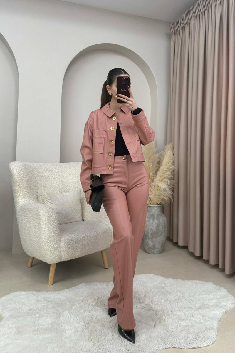 GOLD BUTTONS JACKET+TROUSERS LEATHER WOMEN SET POWDER/PUDER - 2