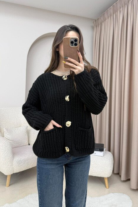 GOLD BUTTONS KNITTED ONE COLOR WOMEN CARDIGAN BLACK/ E ZEZE 