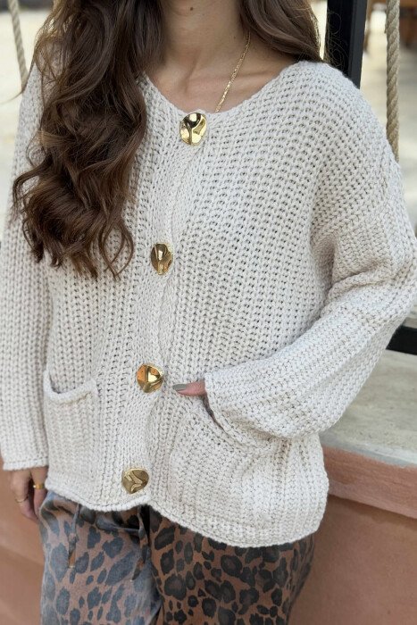 GOLD BUTTONS KNITTED ONE COLOR WOMEN CARDIGAN CREAM/KREM - KLAUDIO FASHION