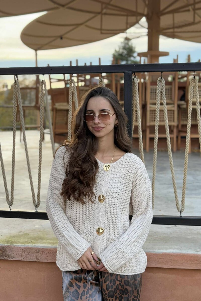 GOLD BUTTONS KNITTED ONE COLOR WOMEN CARDIGAN CREAM/KREM - 2