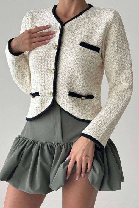 GOLD BUTTONS KNITTED WOMEN CARDIGAN CREAM/KREM - KLAUDIO FASHION