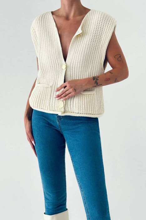 GOLD BUTTONS KNITTED WOMEN VEST CREAM/KREM - KLAUDIO FASHION