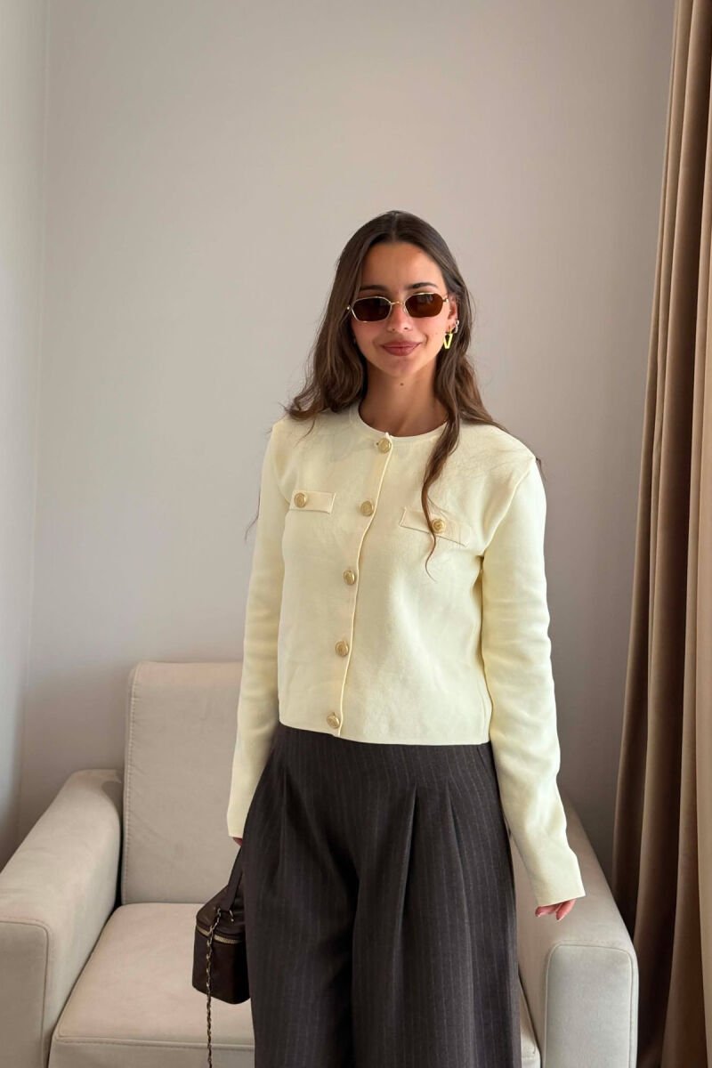 GOLD BUTTONS ONE COLOR FAKE POCKETS WOMEN CARDIGAN CREAM/KREM - 3
