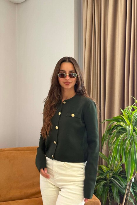 GOLD BUTTONS ONE COLOR FAKE POCKETS WOMEN CARDIGAN GREEN/JESHILE - 3