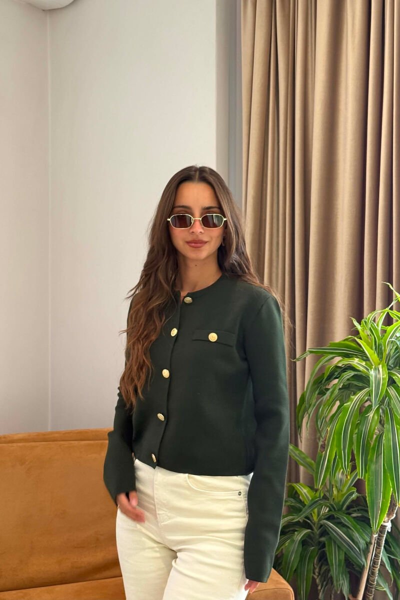 GOLD BUTTONS ONE COLOR FAKE POCKETS WOMEN CARDIGAN GREEN/JESHILE - 3