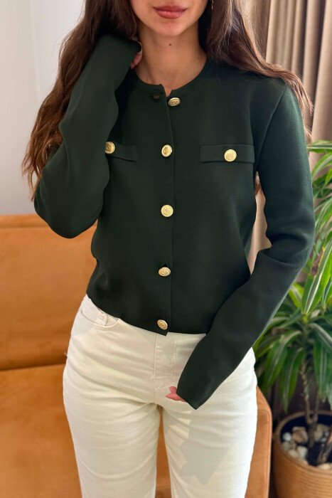 GOLD BUTTONS ONE COLOR FAKE POCKETS WOMEN CARDIGAN GREEN/JESHILE - 5