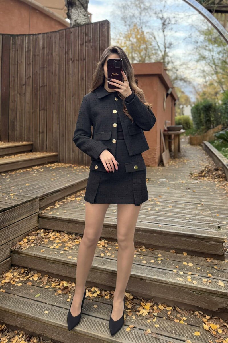 GOLD BUTTONS ONE COLOR JACKET+SKIRT WOMEN SET BLACK/ E ZEZE - 1