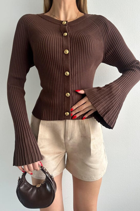 GOLD BUTTONS ONE COLOR WOMEN CARDIGAN BROWN/KAFE - 5