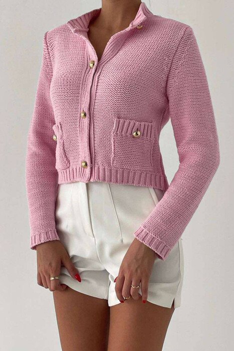GOLD BUTTONS POCKET WOMAN CARDIGAN BABY PINK/ROZB - KLAUDIO FASHION