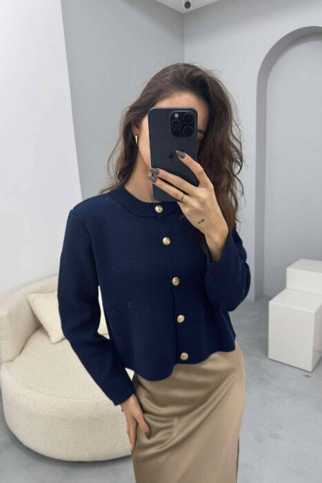 GOLD BUTTONS ROUND NECK WOMEN CARDIGAN DARK BLUE/BEE - KLAUDIO FASHION
