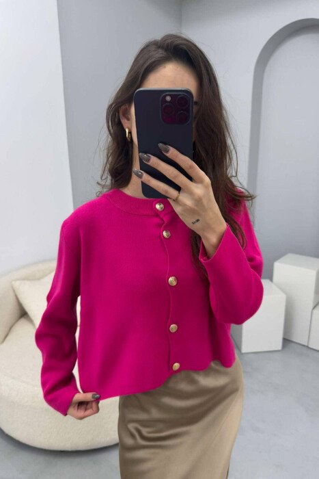 GOLD BUTTONS ROUND NECK WOMEN CARDIGAN FUCHSIA/CIKLAMI - KLAUDIO FASHION