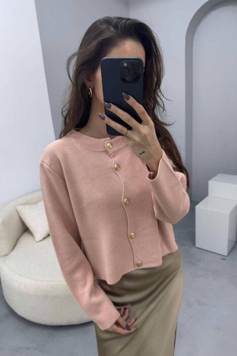 GOLD BUTTONS ROUND NECK WOMEN CARDIGAN POWDER/PUDER - KLAUDIO FASHION
