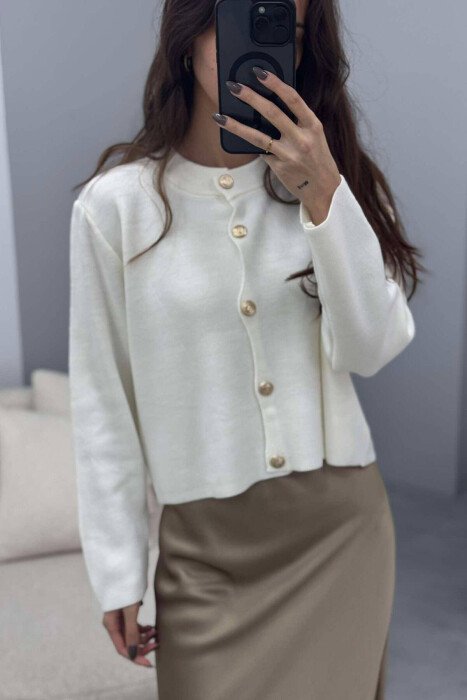 GOLD BUTTONS ROUND NECK WOMEN CARDIGAN WHITE-E BARDHE - KLAUDIO FASHION