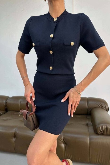 GOLD BUTTONS SHORT SLEEVE SWEATER + SKIRT WOMAN SET BLUE/BLU - 