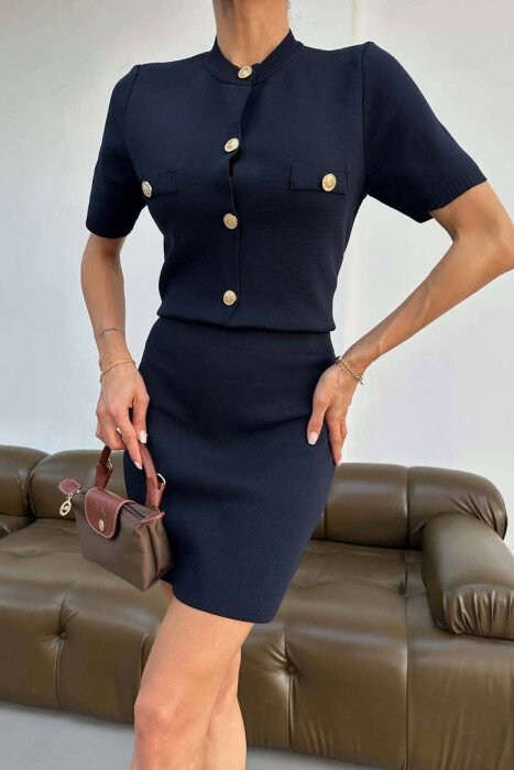 GOLD BUTTONS SHORT SLEEVE SWEATER + SKIRT WOMAN SET BLUE/BLU - 4