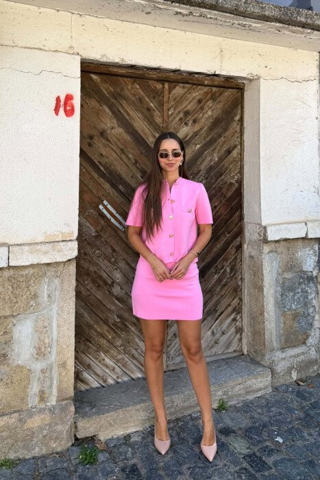 GOLD BUTTONS SHORT SLEEVE SWEATER + SKIRT WOMAN SET PINK/ROZE - 1
