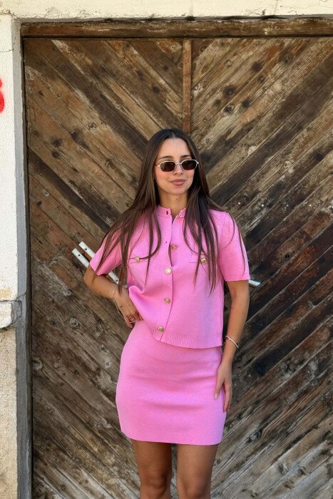 GOLD BUTTONS SHORT SLEEVE SWEATER + SKIRT WOMAN SET PINK/ROZE - 5