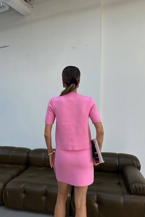 GOLD BUTTONS SHORT SLEEVE SWEATER + SKIRT WOMAN SET PINK/ROZE - 4