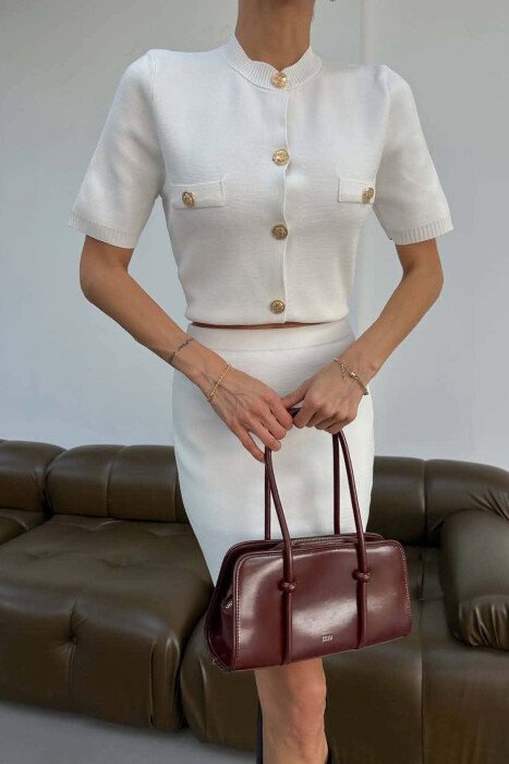 GOLD BUTTONS SHORT SLEEVE SWEATER + SKIRT WOMAN SET WHITE-E BARDHE - 3