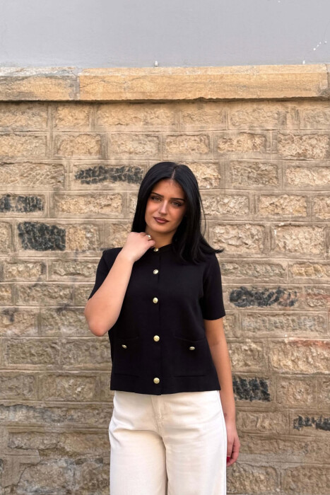 GOLD BUTTONS SHORT SLEEVE WOMAN SWEATER BLACK/ E ZEZE - 