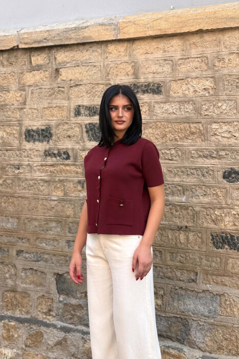 GOLD BUTTONS SHORT SLEEVE WOMAN SWEATER BURGUNDY/VISHNJE - 