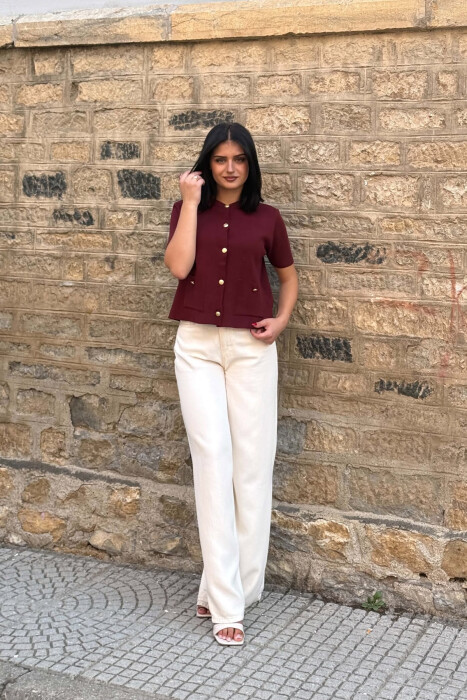 GOLD BUTTONS SHORT SLEEVE WOMAN SWEATER BURGUNDY/VISHNJE - 2