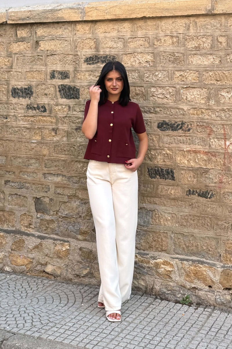 GOLD BUTTONS SHORT SLEEVE WOMAN SWEATER BURGUNDY/VISHNJE - 2
