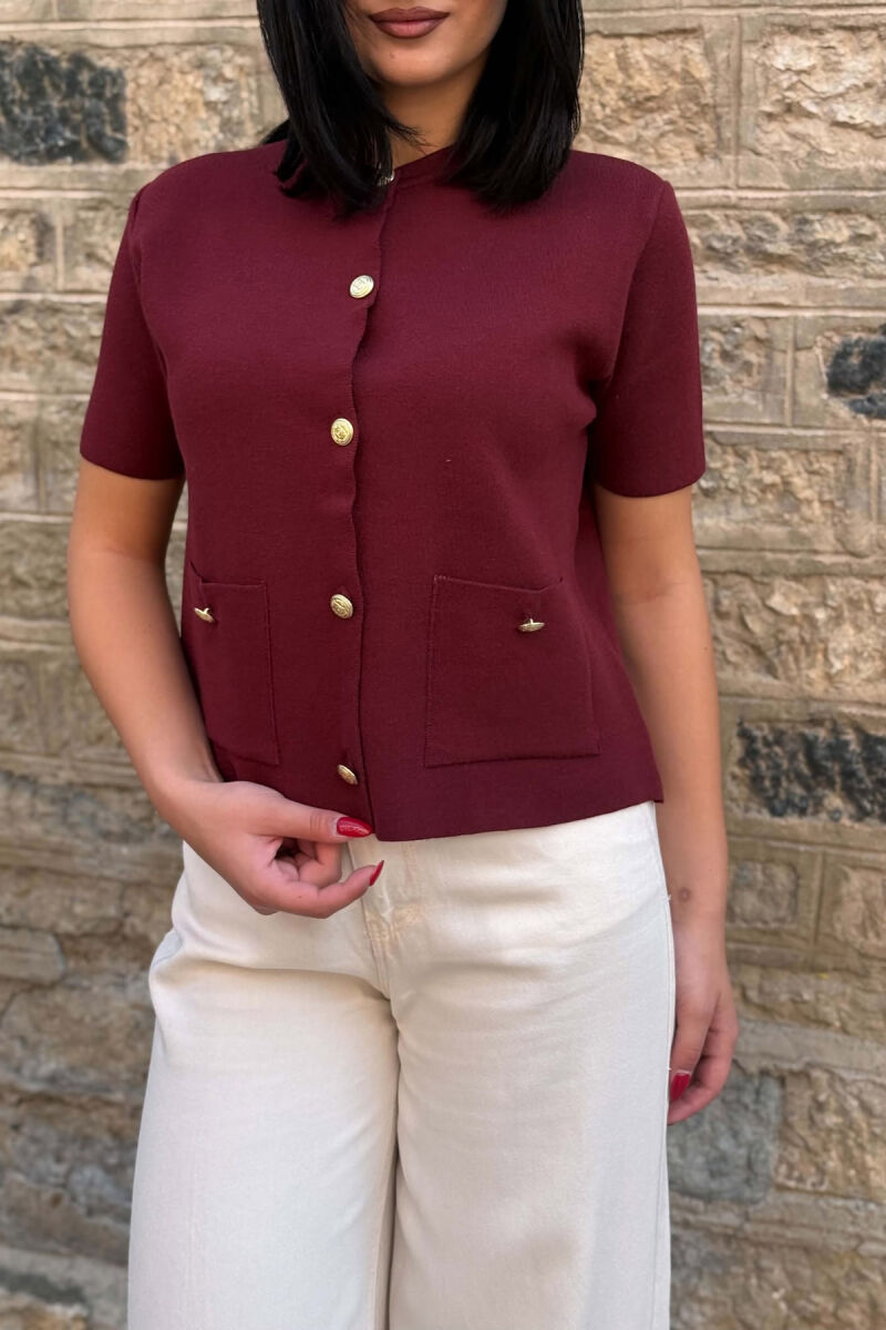 GOLD BUTTONS SHORT SLEEVE WOMAN SWEATER BURGUNDY/VISHNJE - 3