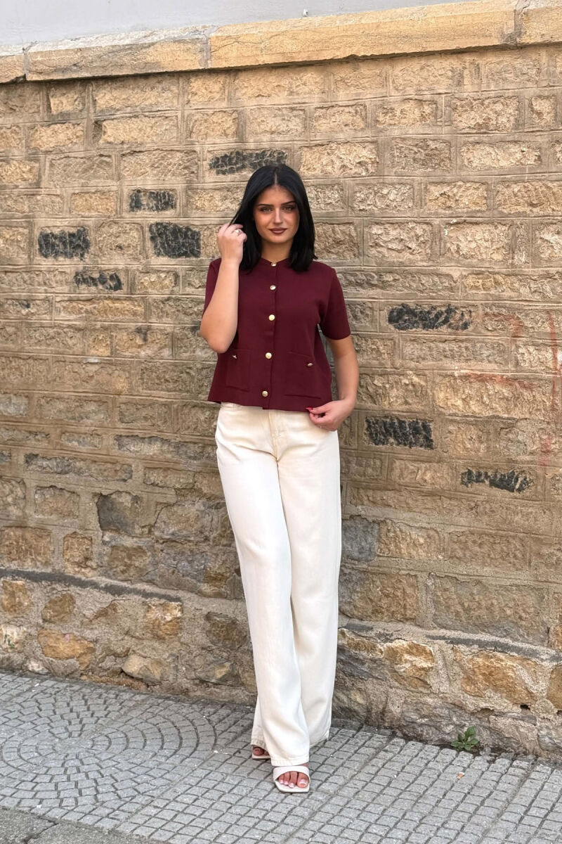 GOLD BUTTONS SHORT SLEEVE WOMAN SWEATER BURGUNDY/VISHNJE - 4