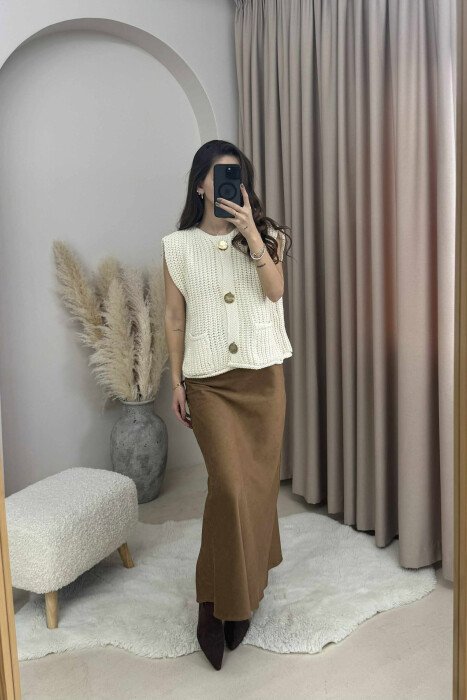 GOLD BUTTONS SIMPLE KNIT WOMEN VEST CREAM/KREM - KLAUDIO FASHION
