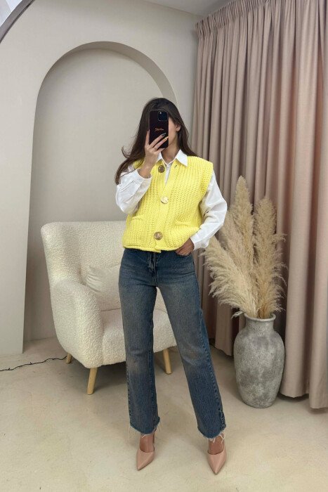 GOLD BUTTONS SIMPLE KNIT WOMEN VEST YELLOW/E VERDHE - KLAUDIO FASHION