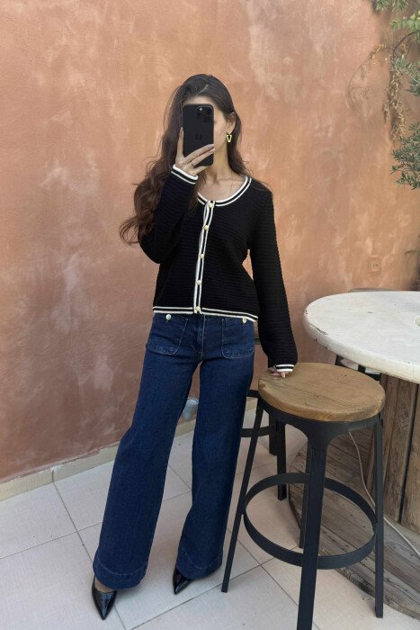 GOLD BUTTONS SIMPLE WOMEN CARDIGAN BLACK/ E ZEZE - 3