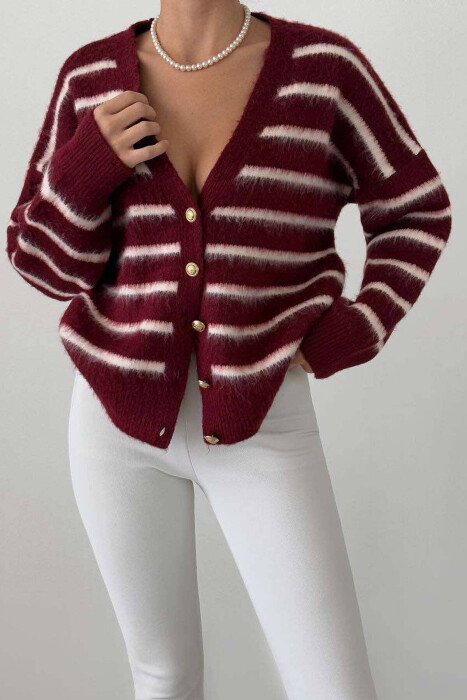 GOLD BUTTONS STRIPED WOMEN CARDIGAN BURGUNDY/VISHNJE - KLAUDIO FASHION