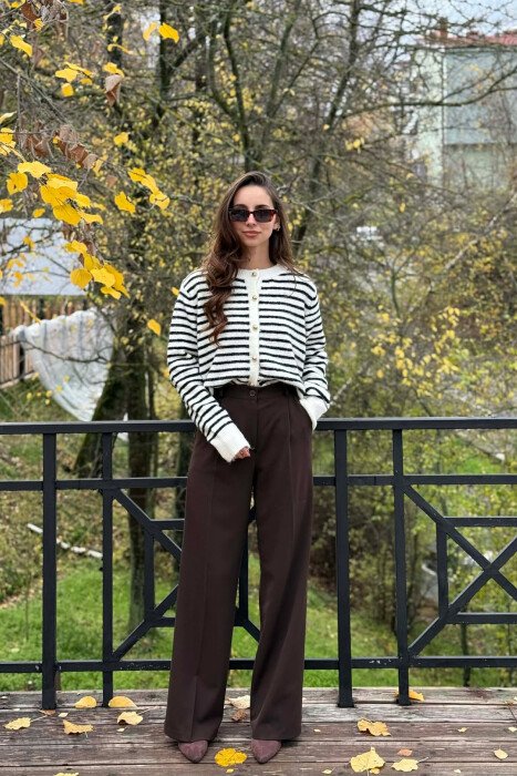 GOLD BUTTONS STRIPED WOMEN CARDIGAN CREAM+BLACK/KREM+ZEZE 
