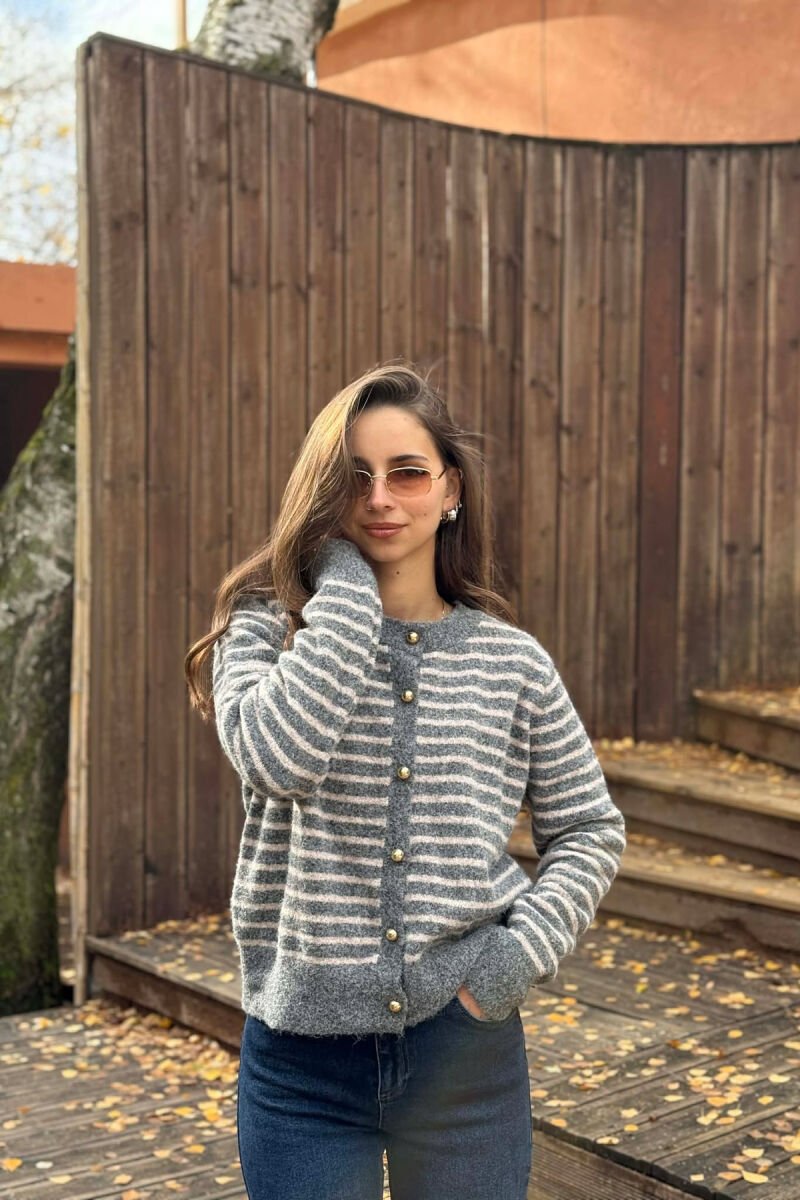 GOLD BUTTONS STRIPED WOMEN CARDIGAN GREY/GRI - 2