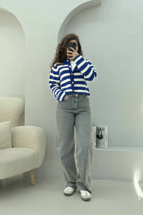 GOLD BUTTONS STRIPED WOMEN CARDIGAN WHITE-BLUE/BABL - 1