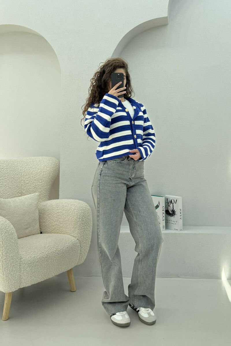 GOLD BUTTONS STRIPED WOMEN CARDIGAN WHITE-BLUE/BABL - 2