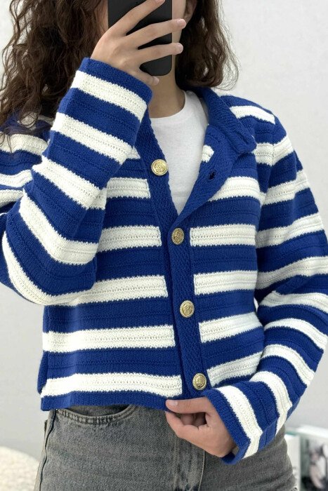 GOLD BUTTONS STRIPED WOMEN CARDIGAN WHITE-BLUE/BABL - 4