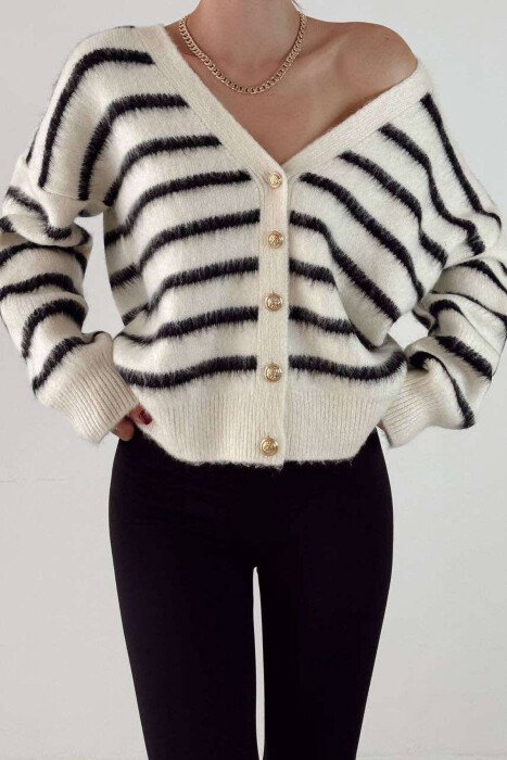 GOLD BUTTONS STRIPED WOMEN CARDIGAN WHITE-E BARDHE - KLAUDIO FASHION