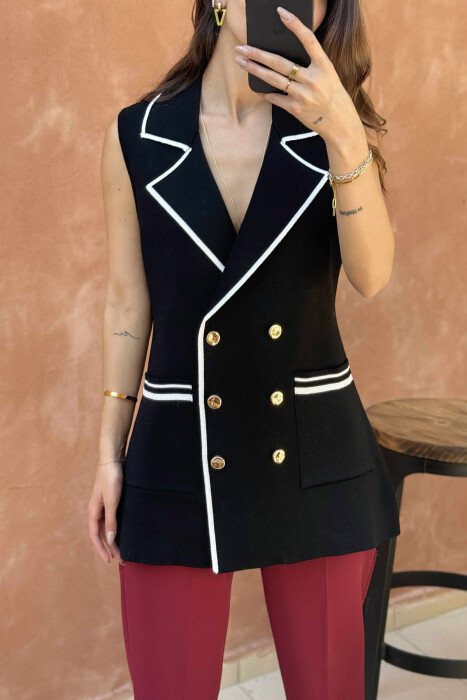 GOLD BUTTONS STRIPES WOMEN VEST BLACK/ E ZEZE - 3