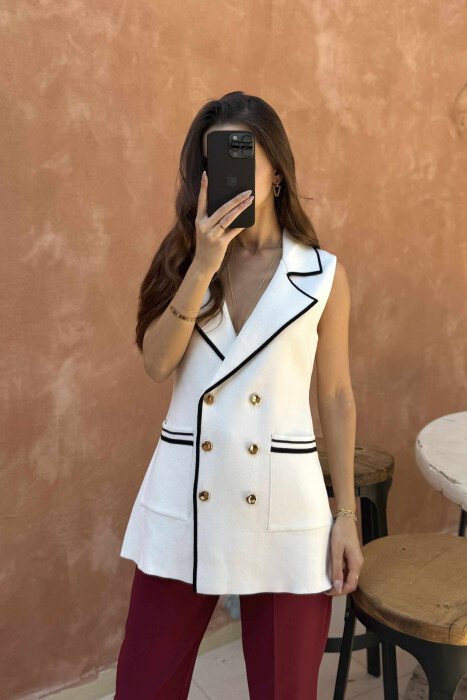GOLD BUTTONS STRIPES WOMEN VEST WHITE-E BARDHE - 4