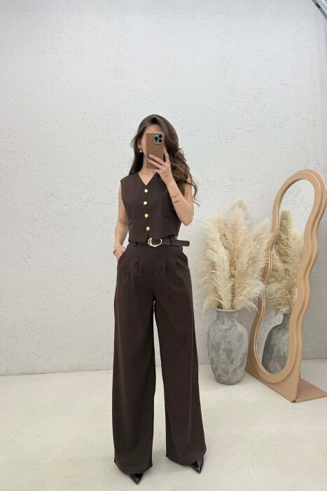 GOLD BUTTONS VEST + BELT TROUSERS WOMAN SET BROWN/KAFE - KLAUDIO FASHION