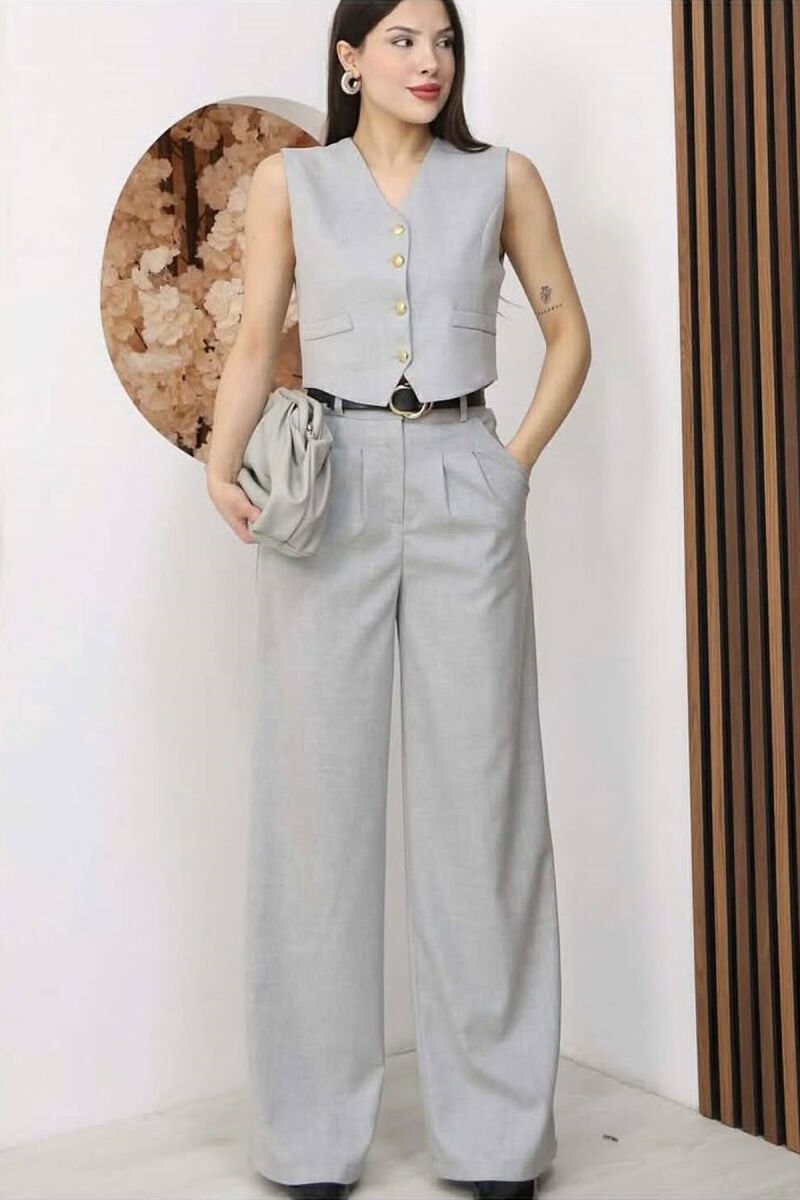 GOLD BUTTONS VEST + BELT TROUSERS WOMAN SET LIGHT GREY/GZ - 2