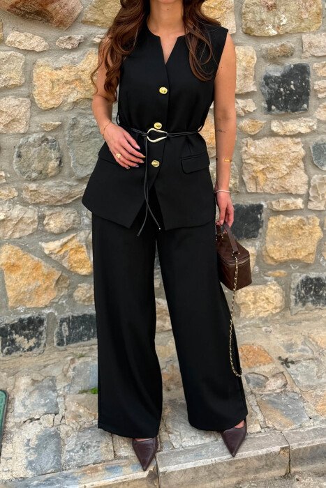 GOLD BUTTONS VEST +ELASTIC WAIST TROUSERS WOMAN SET BLACK/ E ZEZE - 2