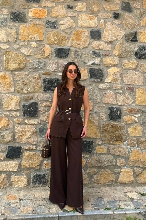 GOLD BUTTONS VEST +ELASTIC WAIST TROUSERS WOMAN SET BROWN/KAFE 